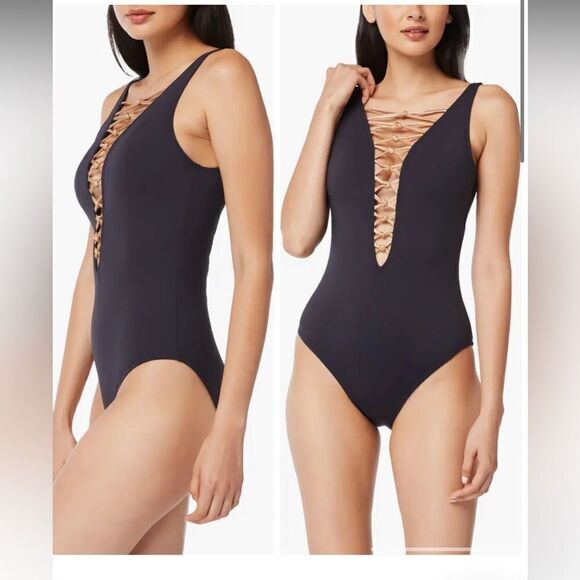 Women's Bleu Core-Lace-Down Mio One-Piece Swimsuit Black/Gold Size 6 - Picture 4 of 14